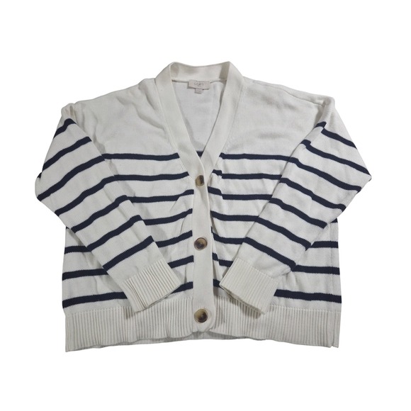 LOFT Sweaters - LOFT Outlet Women's White Navy Striped Button Front Cardigan Sweater Size L